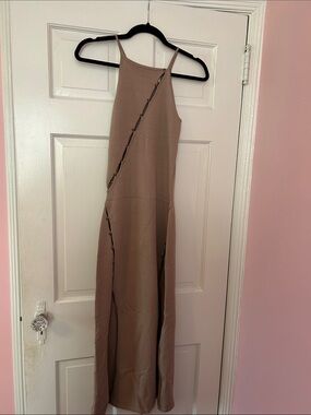 Nicholas Sleeveless Taupe Maxi Dress with Button-Trim Detail and Slits
